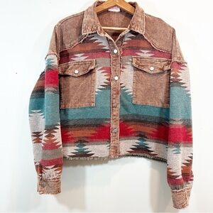 Pink Lily Brown Corduroy Frayed Edge Blue Red Aztec Crop Jacket XL Southwestern